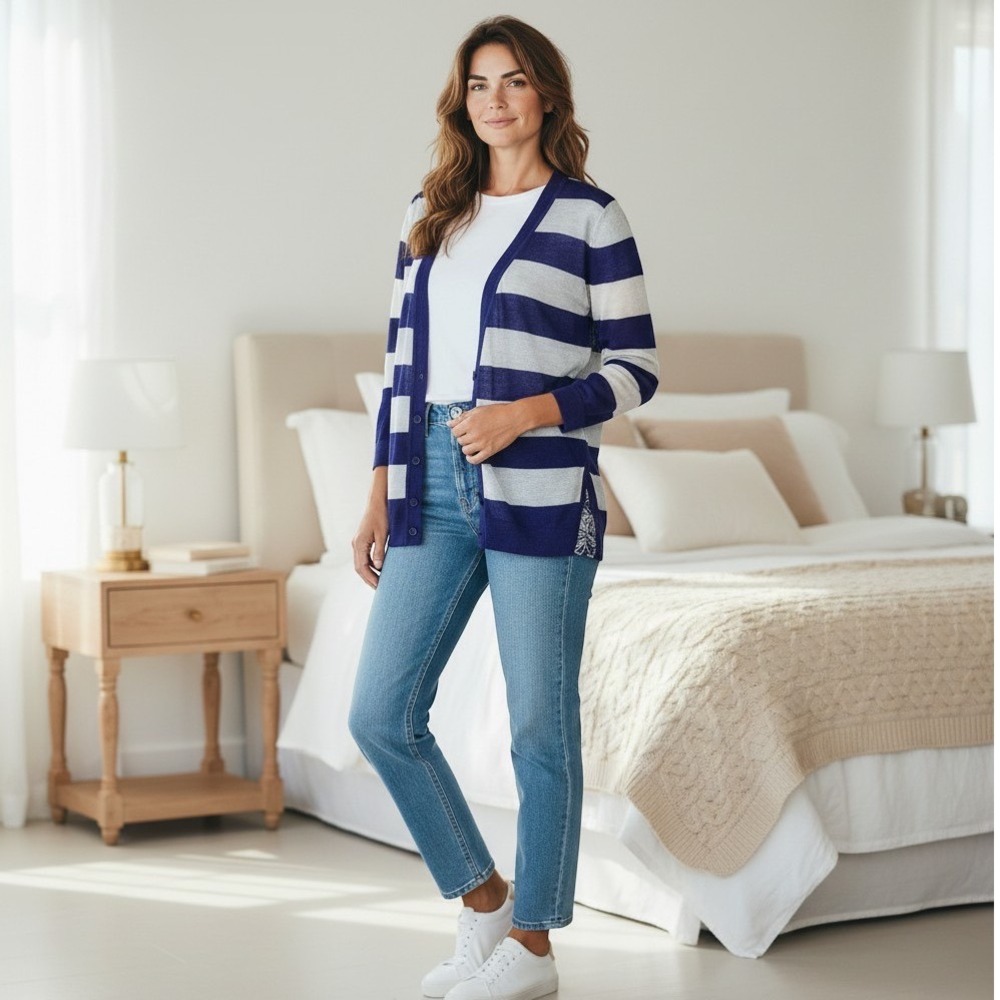 LOFT Purple Striped Floral Mixed Media Cardigan Coastal Grandma Preppy  L‎